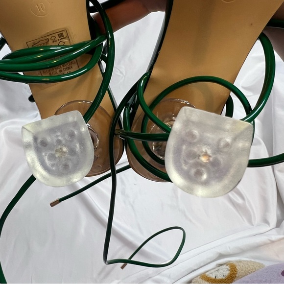 Azalea Wang Warwick Green Feather Fluffy Tie Ankle Stiletto Heels, size 10 - Picture 8 of 11